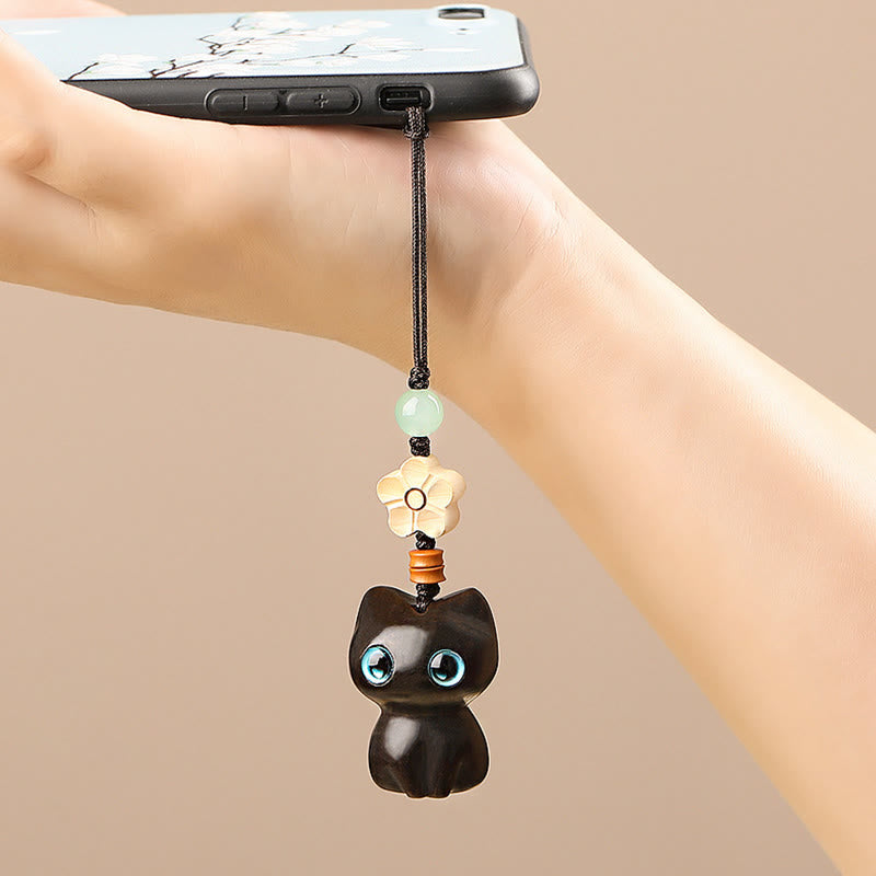 Buddha Stones Mini Small Leaf Red Sandalwood Ebony Wood Lucky Cat Lovely Kitty Peace Key Chain Phone Hanging Decoration - image 15