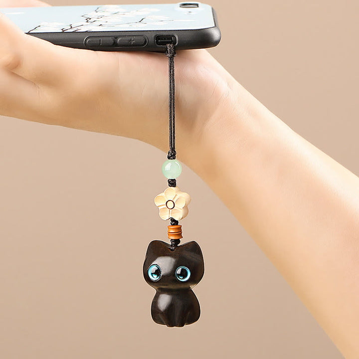 Buddha Stones Mini Small Leaf Red Sandalwood Ebony Wood Lucky Cat Lovely Kitty Peace Key Chain Phone Hanging Decoration - image 15