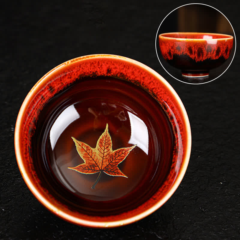 Buddha Stones Maple Leaf Colorful Ceramic Teacup Home Tea Cups - 8.5cm*4.5cm*120ml - Red - image 23