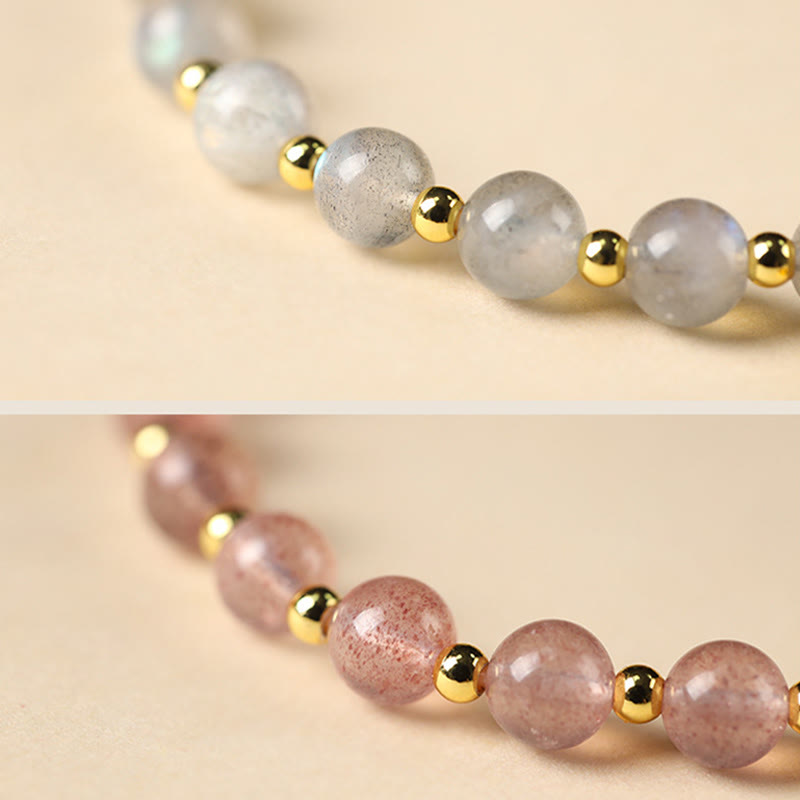 Buddha Stones 14K Gold Plated Natural Strawberry Quartz Labradorite Sun Stone Fu Character Positive Charm Bracelet - image 16