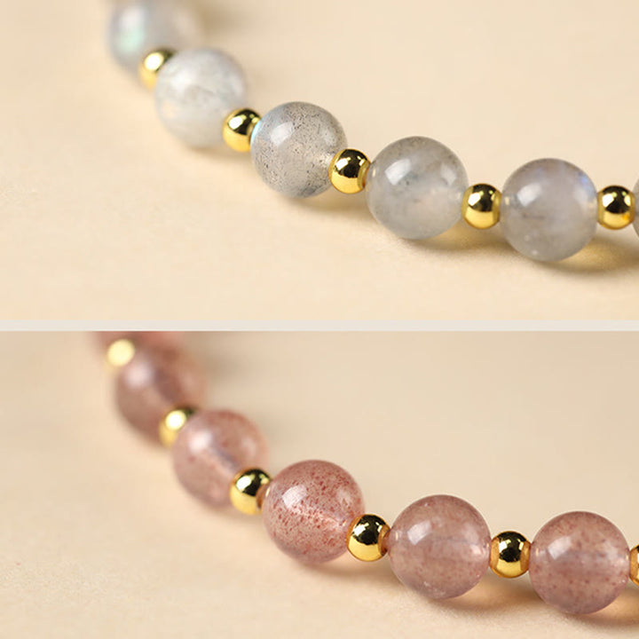 Buddha Stones 14K Gold Plated Natural Strawberry Quartz Labradorite Sun Stone Fu Character Positive Charm Bracelet - image 16
