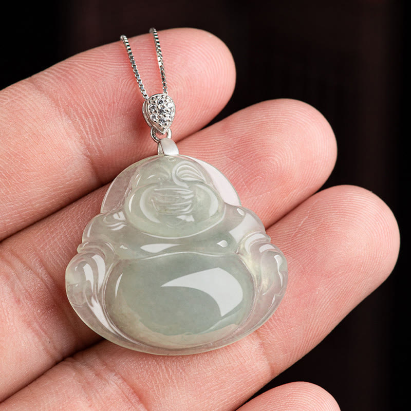 Buddha Stones Natural Jade Laughing Buddha Prosperity Abundance Titanium Steel Chain Necklace Pendant - image 7