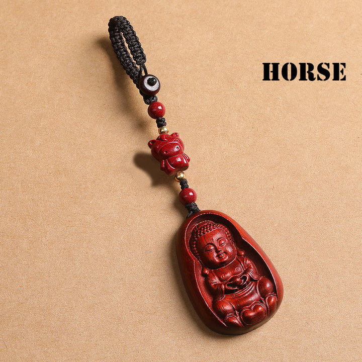 Buddha Stones Small Leaf Red Sandalwood Buddha Cinnabar Chinese Zodiac Amulet Protection Key Chain - Horse - image 20