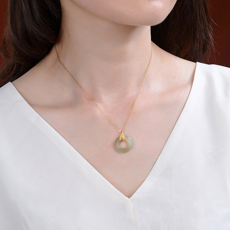 Buddha Stones 925 Sterling Silver Cyan Jade Peace Buckle Bamboo Leaf Harmony Necklace Pendant - image 2