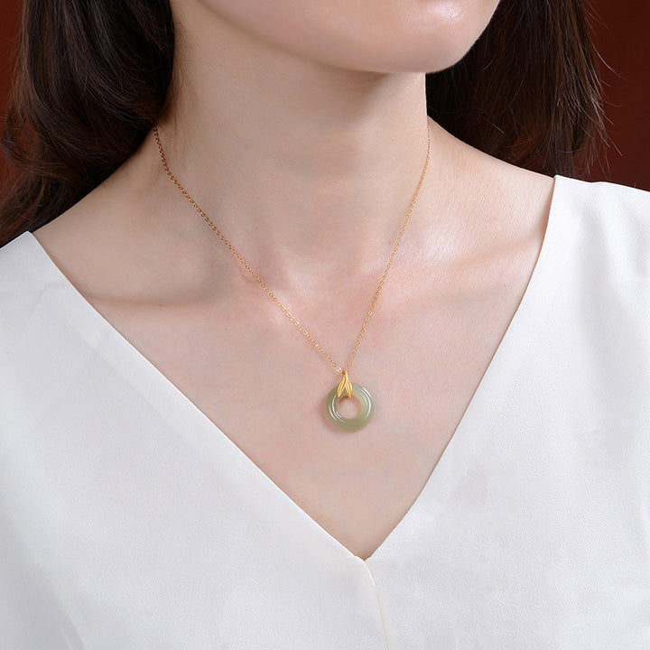 Buddha Stones 925 Sterling Silver Cyan Jade Peace Buckle Bamboo Leaf Harmony Necklace Pendant - image 2