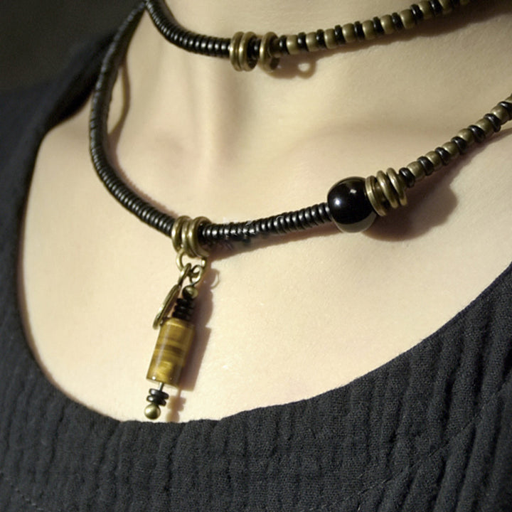 Buddha Stones Ebony Wood Dzi Bead Copper Peace Couple Bracelet Necklace Pendant - image 5