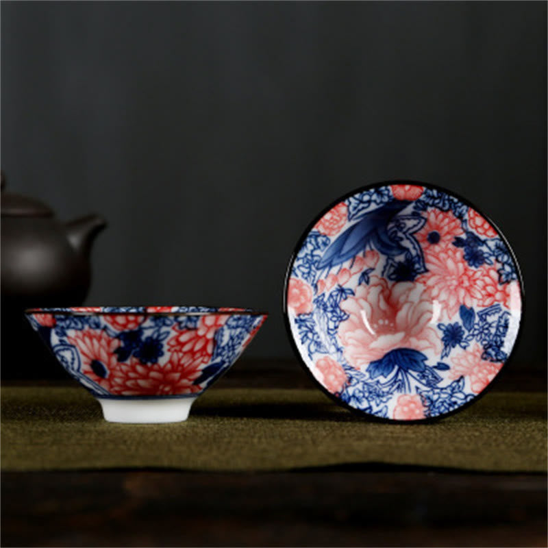 Buddha Stones Flowers Fu Character Mountains Lotus Cherry Blossoms Ceramic Teacup Kung Fu Tea Cup - Red Chrysanthemum Peony 8.5cm*4cm*90ml - image 48