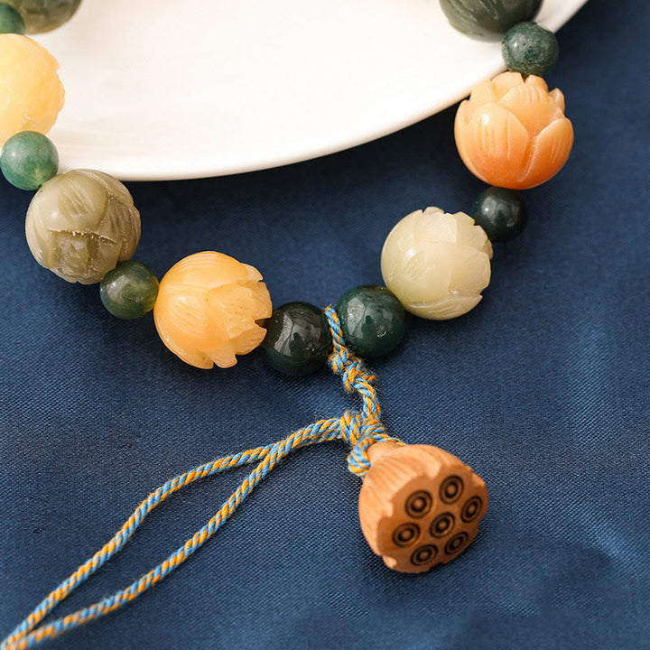 Buddha Stones Bodhi Seed Lotus Bead Engraved Moss Agate Peace Calm Bracelet - image 2