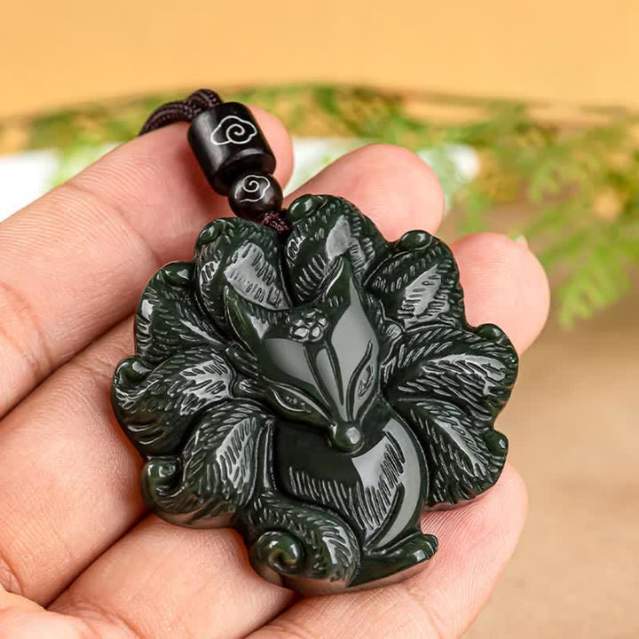 Hetian Cyan Jade Nine Tailed Fox Luck Necklace String Pendant - image 3