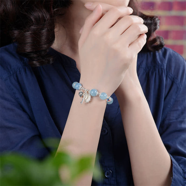 Buddha Stones 925 Sterling Silver Natural Aquamarine Serenity Flower Love Key Charm Bracelet - image 2