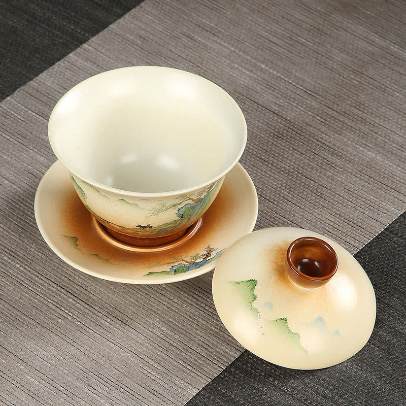 Buddha Stones Mountain Landscape Countryside Ceramic Gaiwan Sancai Teacup Kung Fu Tea Cup And Saucer With Lid - image 1