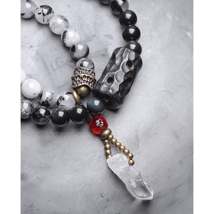 Buddha Stones Black Rutilated Quartz Ebony Wood White Crystal Success Couple Bracelet - image 14