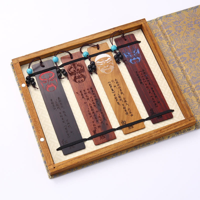 Buddha Stones 4Pcs Four Seasons Plum Orchid Bamboo Chrysanthemum Peking Opera Mask Wood Bookmarks With Gift Box - 4Pcs Peking Opera Mask - image 18