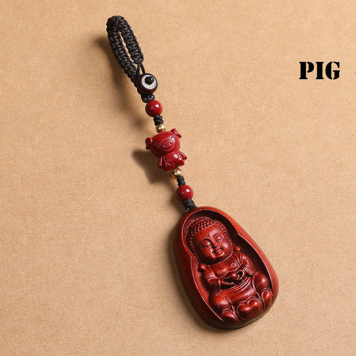 Buddha Stones Small Leaf Red Sandalwood Buddha Cinnabar Chinese Zodiac Amulet Protection Key Chain - Pig - image 25