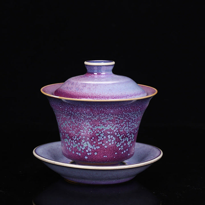 Buddha Stones Retro Glaze Kiln Change Ceramic Gaiwan Sancai Teacup Kung Fu Tea Cup And Saucer With Lid - Purple - 9.8cm*9cm*150ml - image 2