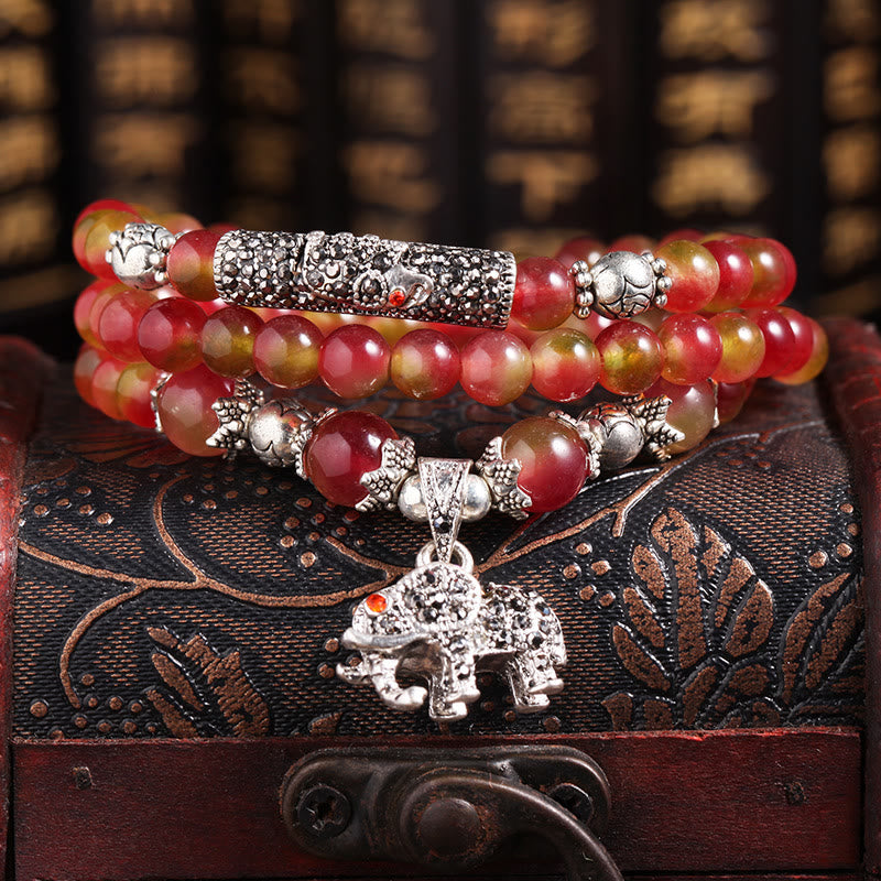 Buddha Stones Natural Watermelon Tourmaline PiXiu Elephant Positive Triple Wrap Bracelet - 6mm Watermelon Tourmaline Elephant - image 7