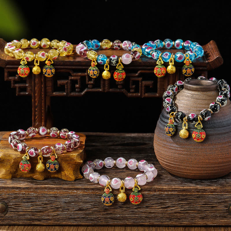 Buddha Stones Gold Swallowing Beast Family Pink Love Heart Luminous Fluorescent Liuli Glass Bead Bracelet - image 0