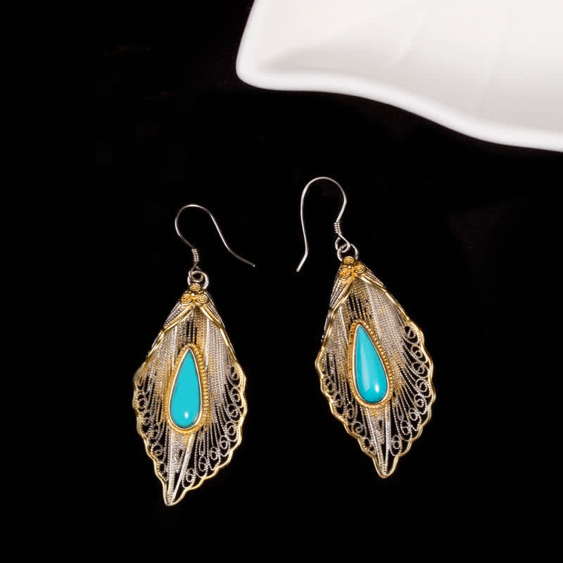 Buddha Stones 925 Sterling Silver Turquoise Bodhi Leaf Pattern Protection Drop Dangle Earrings - image 12