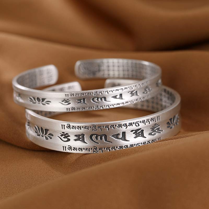 Buddha Stones 999 Sterling Silver Om Mani Padme Hum Lotus Wisdom Bracelet Bangle - image 0