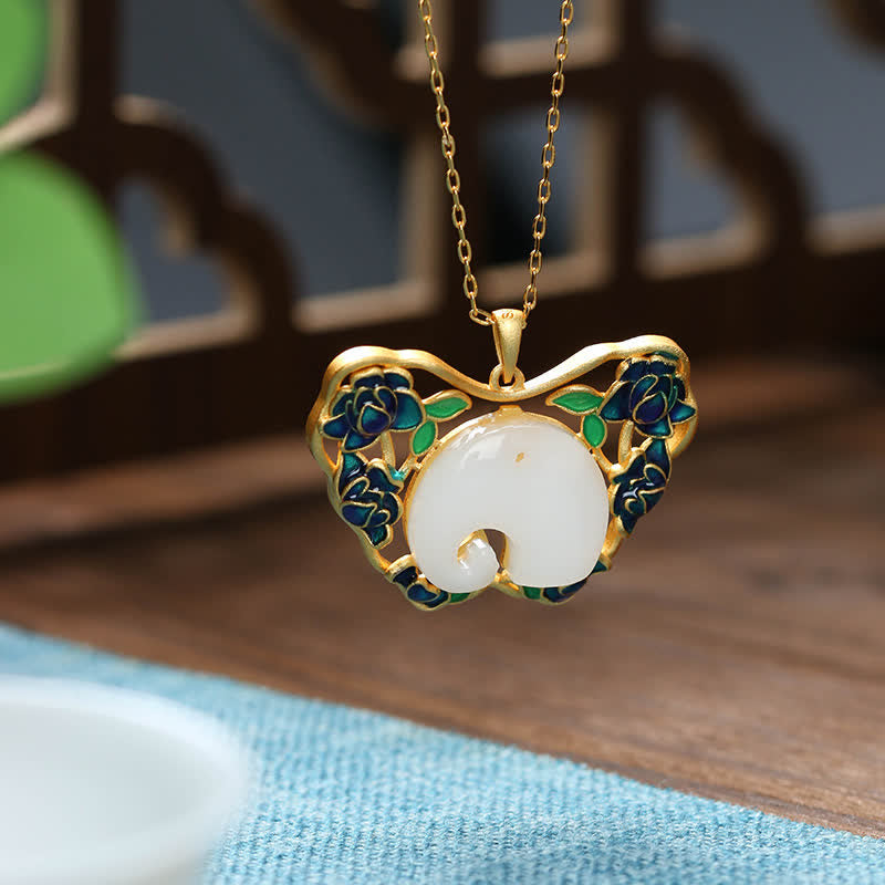 White Jade Elephant Butterfly Lotus Success Necklace Chain Pendant - White Jade - image 0