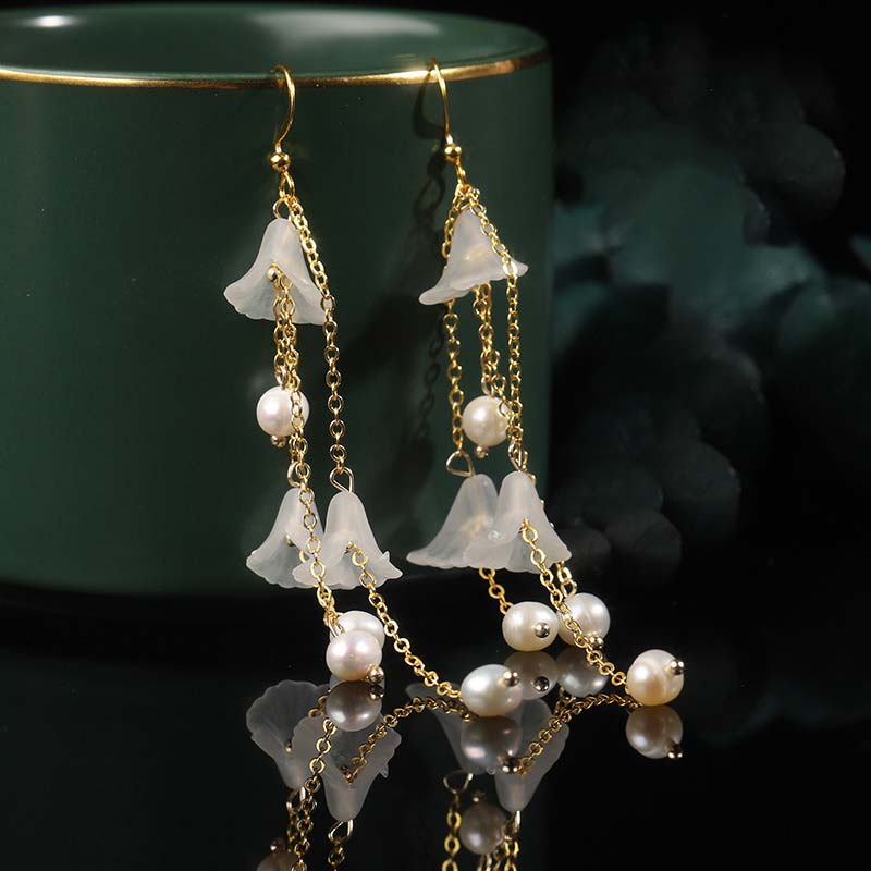 Buddha Stones Pearl Flower Petals Luck Drop Earrings - image 1