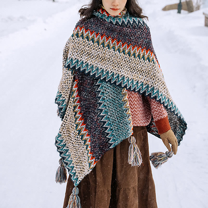 Buddha Stones Tibetan Shawl Blue Beige Red Wavy Pattern Winter Warm Tassel Scarf - Blue Beige Red - image 0
