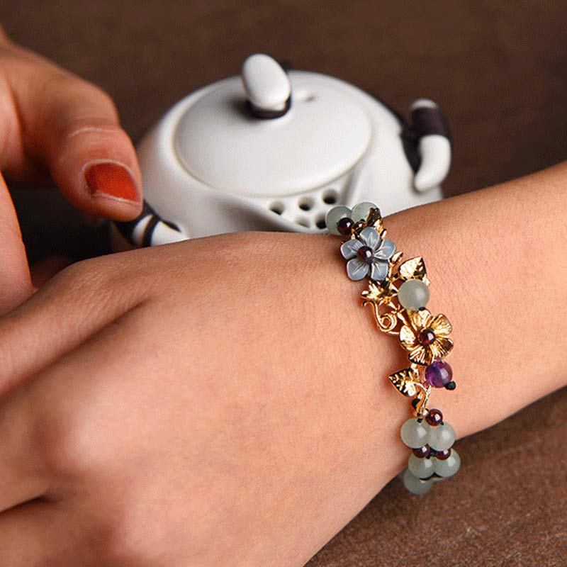 Buddha Stones Green Aventurine Garnet Bead Flower Petal Luck Bracelet - image 3