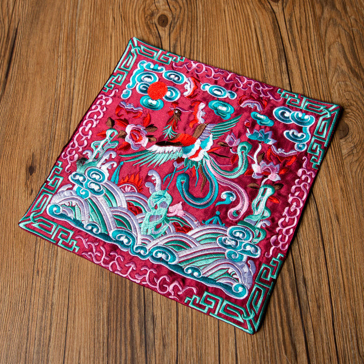 Buddha Stones Phoenix Dragon Kirin Embroidery Cup Mat Pad Tea Cup Coaster Kung Fu Tea Mat - Wine Red Phoenix - image 32