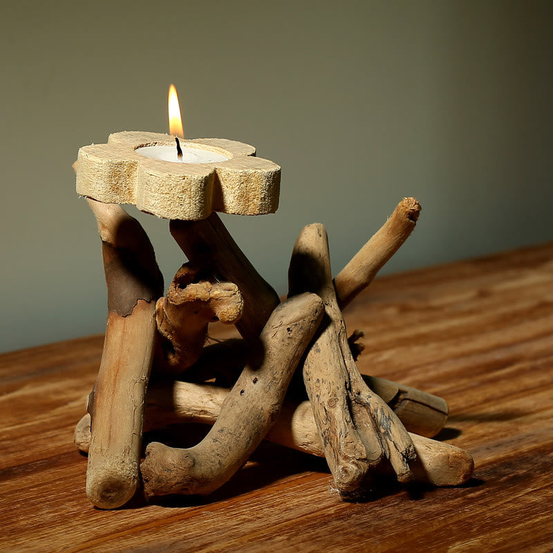 Buddha Stones Flower Pattern Wood Candlestick Home Candle Holder Decoration - 16*14*13cm - image 0
