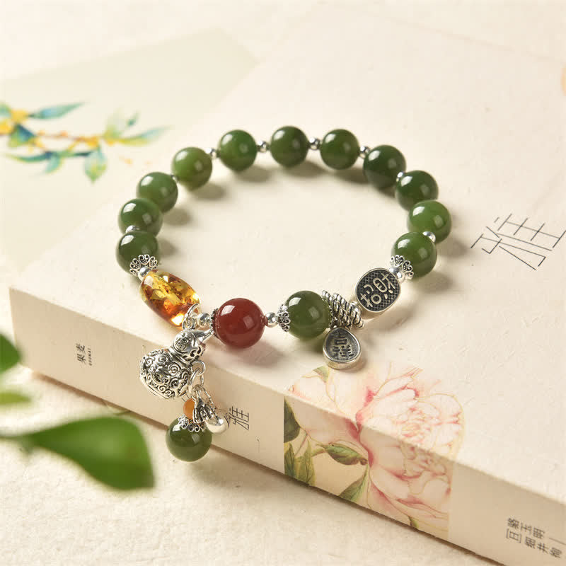Buddha Stones 925 Sterling Silver Hetian Cyan Jade Gourd Amber Success Bracelet - Hetian Cyan Jade (Success ♥ Healing) - image 0