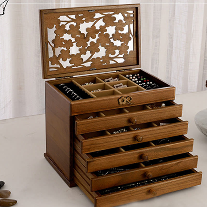 Buddha Stones Vintage Plum Blossom Carved Wooden Jewelry Box Six-Layer Jewelry Storage Box - image 20