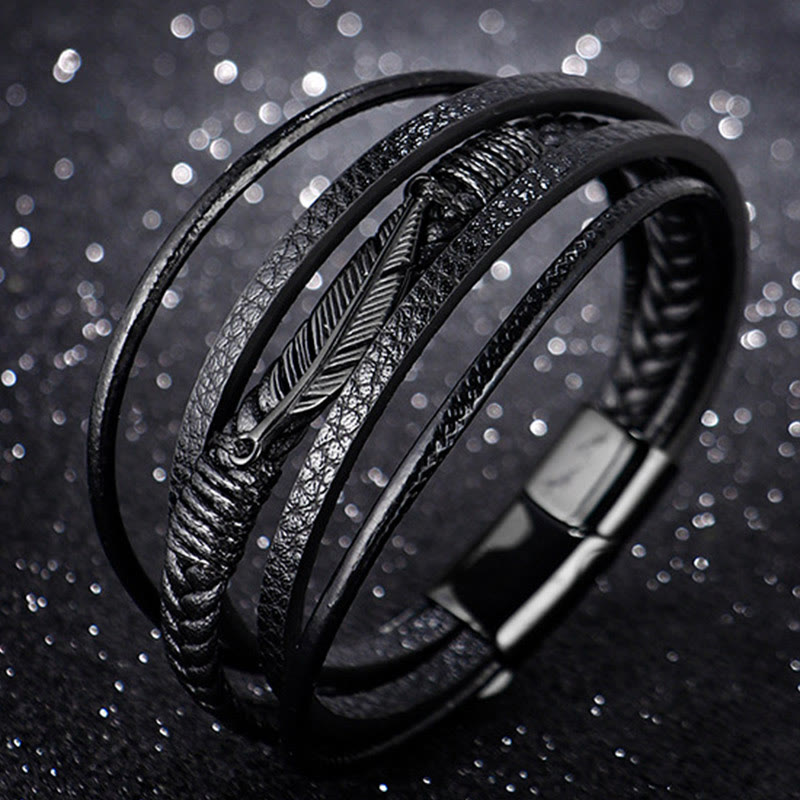 Buddha Stones Feather Pattern Multilayer Leather Titanium Steel Calm Braided Magnetic Buckle Bracelet - image 9