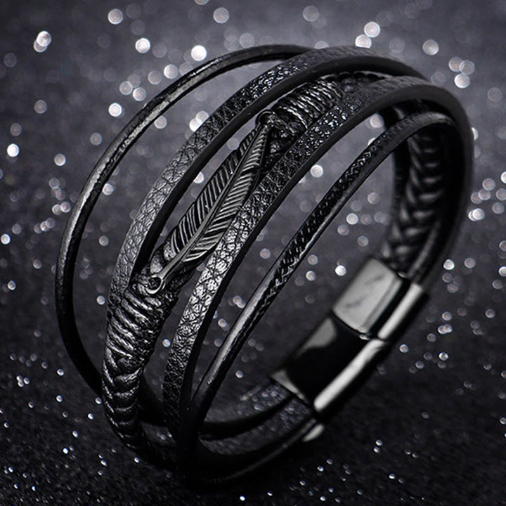 Buddha Stones Feather Pattern Multilayer Leather Titanium Steel Calm Braided Magnetic Buckle Bracelet - image 9