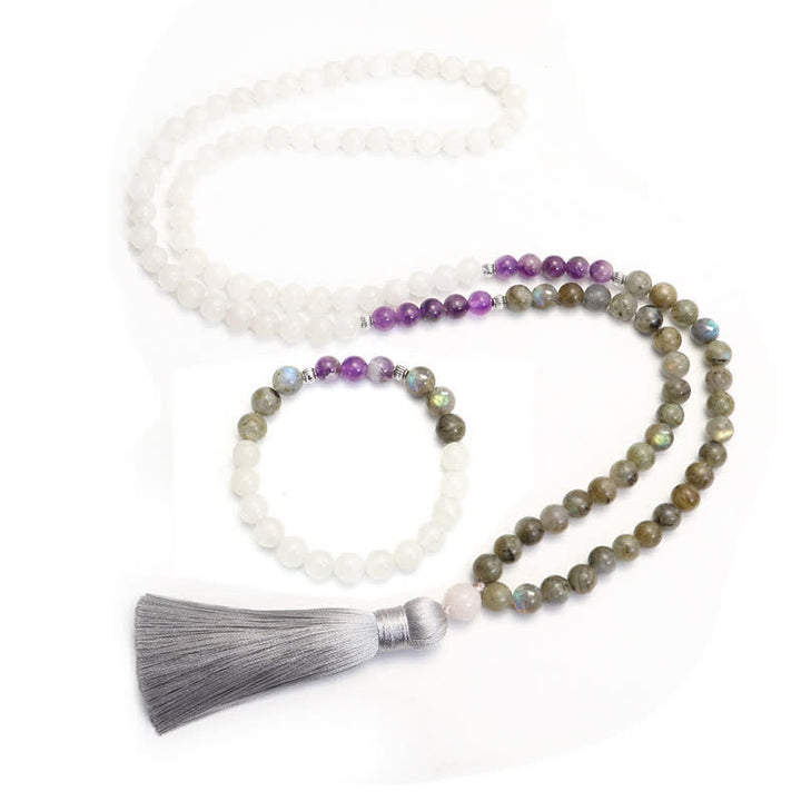 Buddha Stones 108 Mala Beads White Agate Amethyst Black Glitter Stone Protection Bracelet - image 10