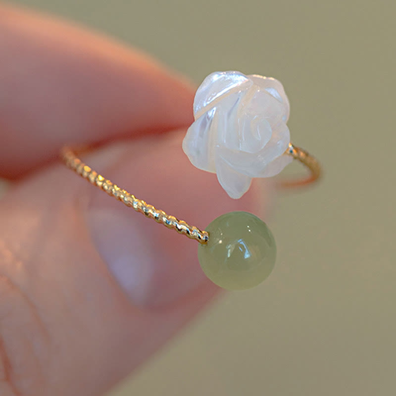 Buddha Stones 14K Gold Plated Tridacna Stone Rose Flower Jade Bead Blessing Ring - image 1