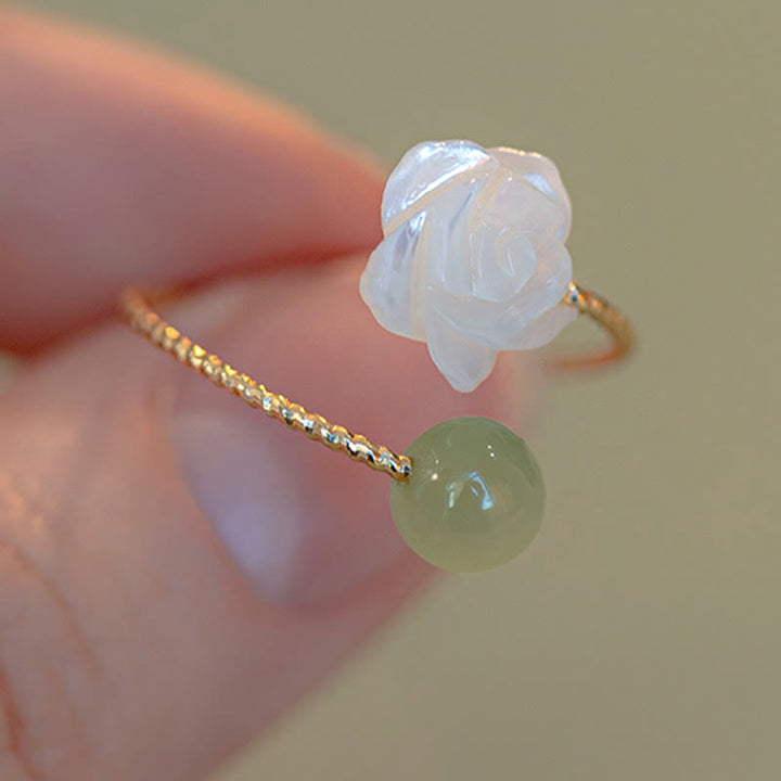 Buddha Stones 14K Gold Plated Tridacna Stone Rose Flower Jade Bead Blessing Ring - image 1
