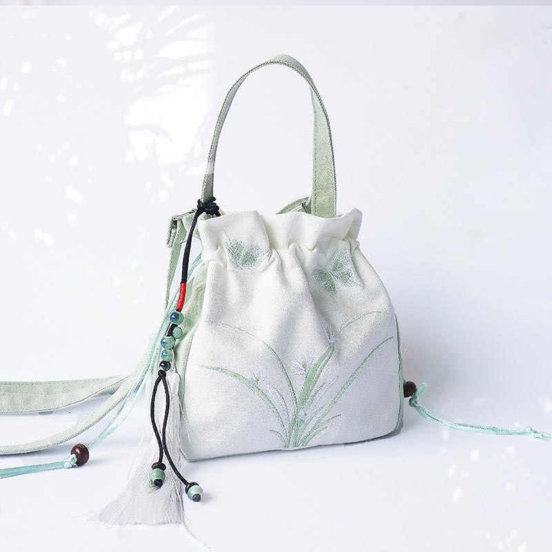 Buddha Stones Handmade Embroidered Flowers Canvas Tote Shoulder Bag Handbag - Green White Grass - image 0