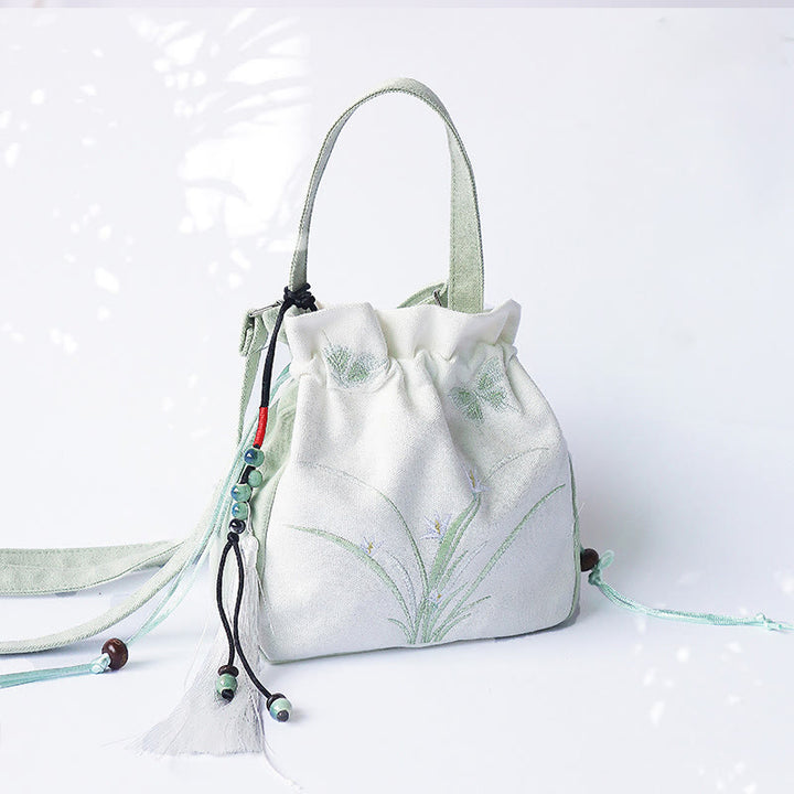 Buddha Stones Handmade Embroidered Flowers Canvas Tote Shoulder Bag Handbag - Green White Grass - image 0