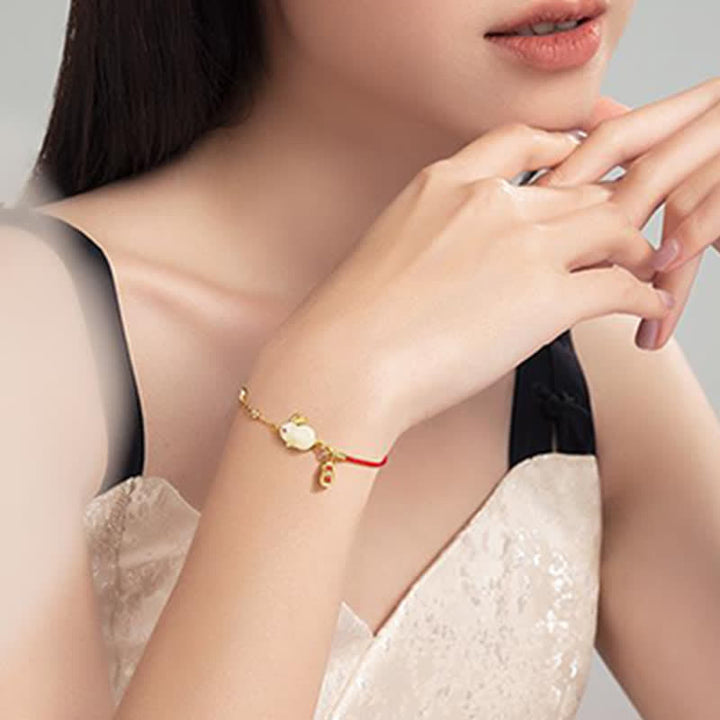 Buddha Stones Year of the Rabbit White Jade Happiness Red String Chain Bracelet - image 5