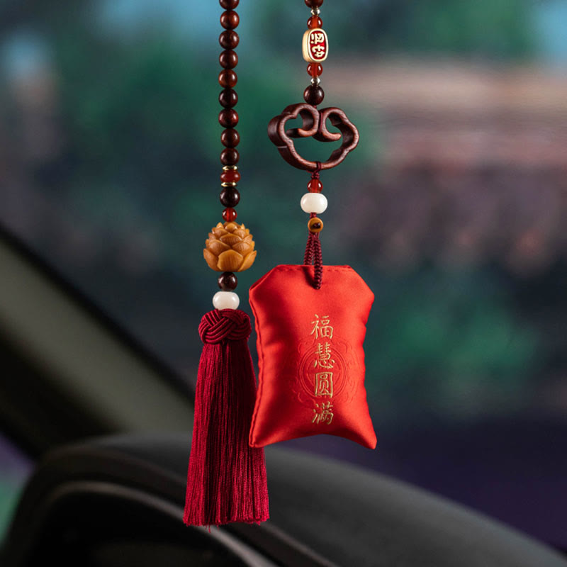 Buddha Stones Tibetan Small Leaf Red Sandalwood Lotus Cinnabar Sachet Protection Tassel Car Hanging Decoration - image 5