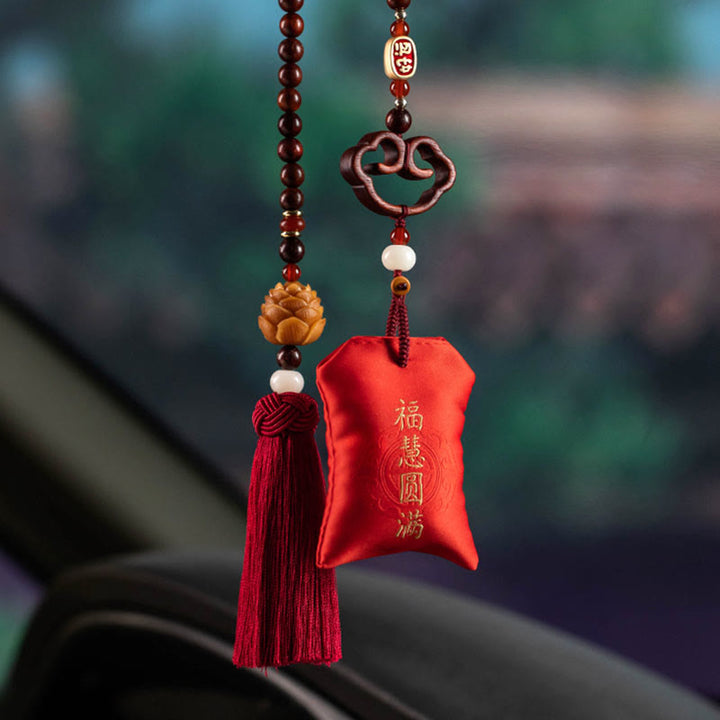 Buddha Stones Tibetan Small Leaf Red Sandalwood Lotus Cinnabar Sachet Protection Tassel Car Hanging Decoration - image 5