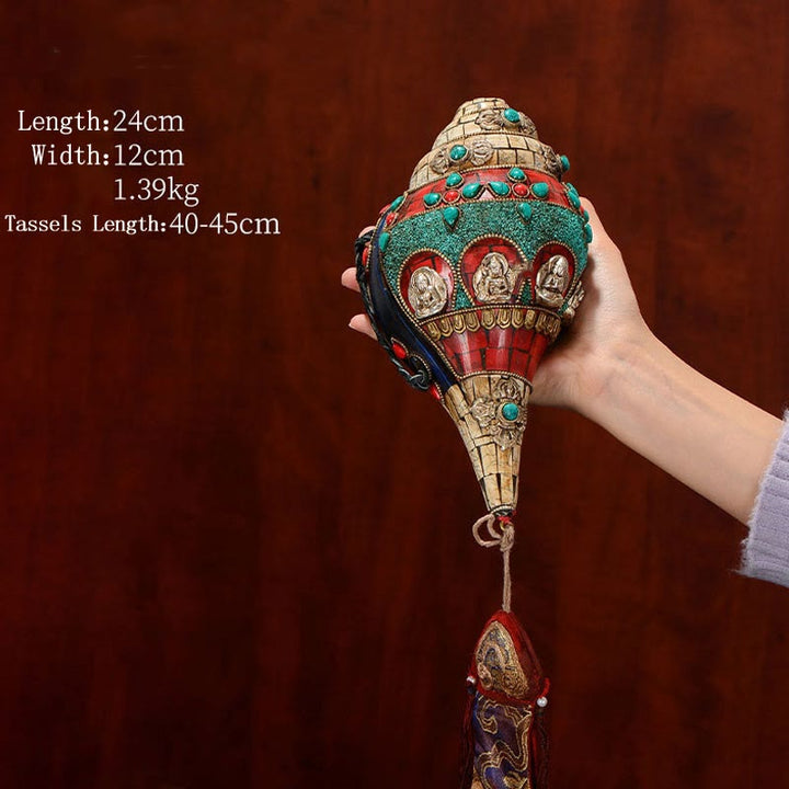 Tibetan Handmade Shankha Om Mani Padme Hum Buddha Avalokitesvara Turquoise Conch Shell Positive Decoration - White Turquoise 24*12cm - image 16