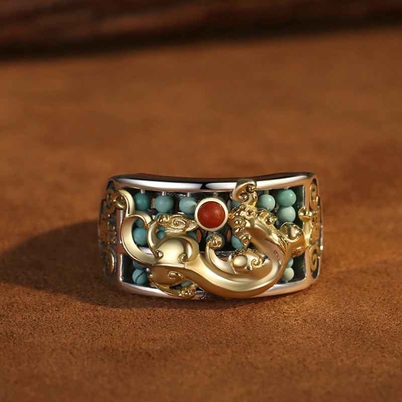 Buddha Stones 925 Sterling Silver Turquoise Red Agate PiXiu Abacus Protection Ring - image 7