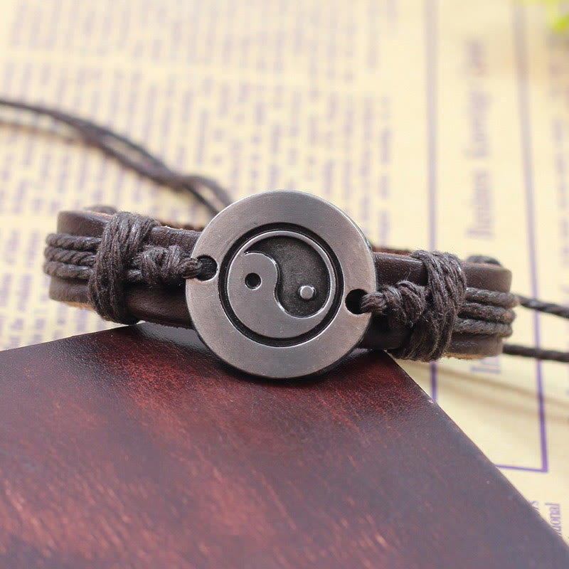 Buddha Stones Retro Yin Yang Leather Harmony String Bracelet - image 1