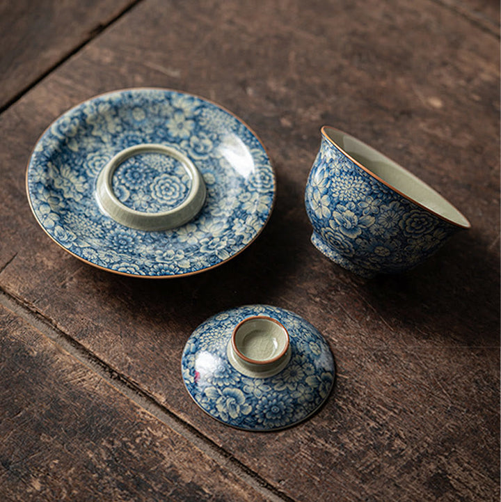 Buddha Stones Vintage Blue And White Porcelain Peach Blossom Lotus Peony Ceramic Gaiwan Sancai Teacup Kung Fu Tea Cup And Saucer With Lid - image 3
