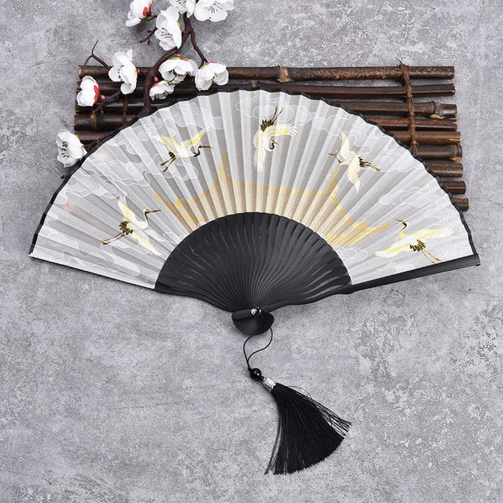 Buddha Stones Vintage Cloud Crane Pattern Handheld Bamboo Folding Fan - Beige Black Bamboo - image 9