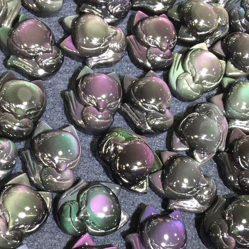 Buddha Stones Natural Rainbow Obsidian Gold Sheen Obsidian Nine Tailed Fox Positive Necklace Pendant - image 17