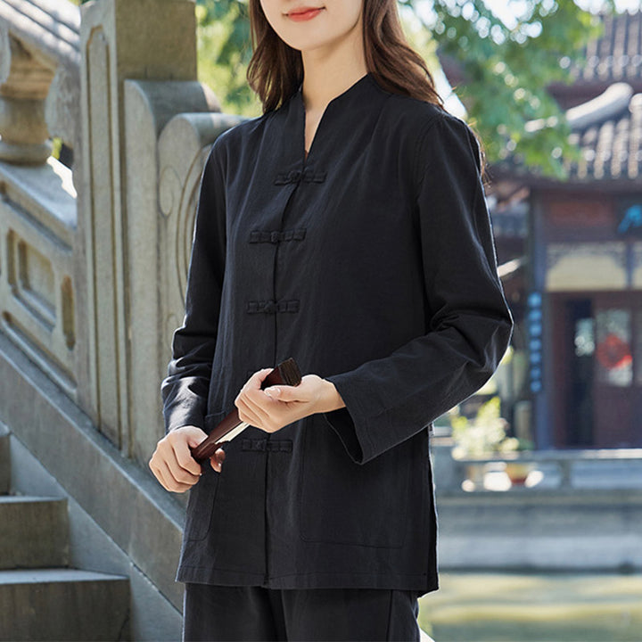 Buddha Stones Spiritual Zen Practice Yoga Meditation Prayer Uniform Cotton Linen Clothing Women's Set - Black - US18，UK/AU22，EU50 (6XL) - image 8