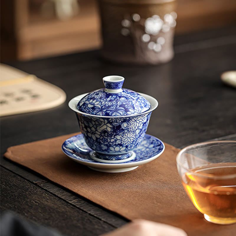 Buddha Stones Vintage Blue And White Porcelain Ceramic Gaiwan Sancai Teacup Kung Fu Tea Cup And Saucer With Lid - image 8