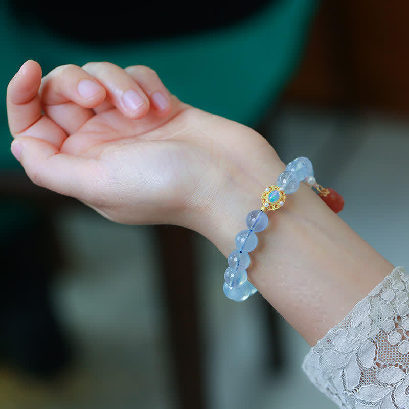 Buddha Stones Natural Aquamarine Red Agate Pearl Beads Healing Charm Bracelet - image 3